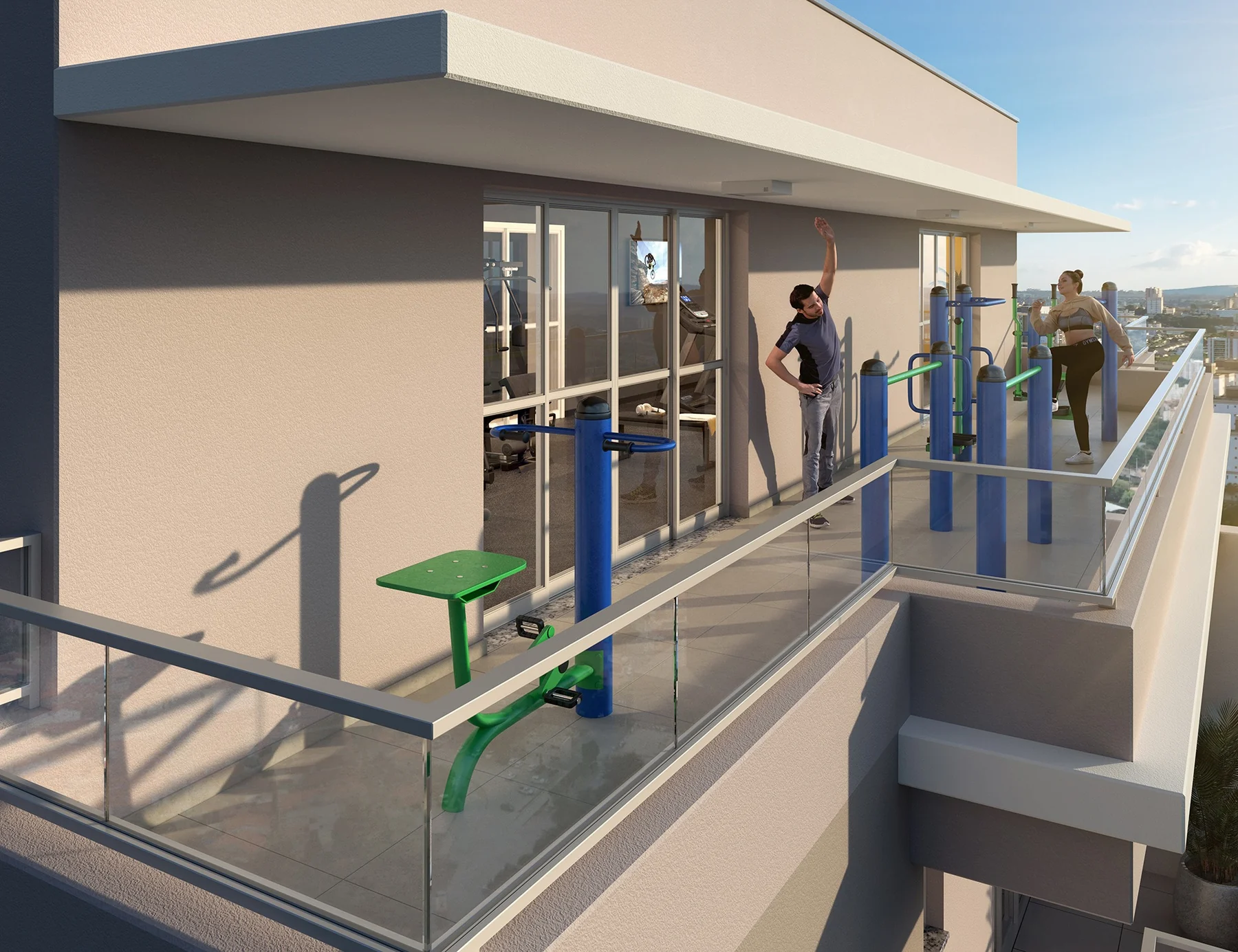 Fitness externo no rooftop com vista para a cidade