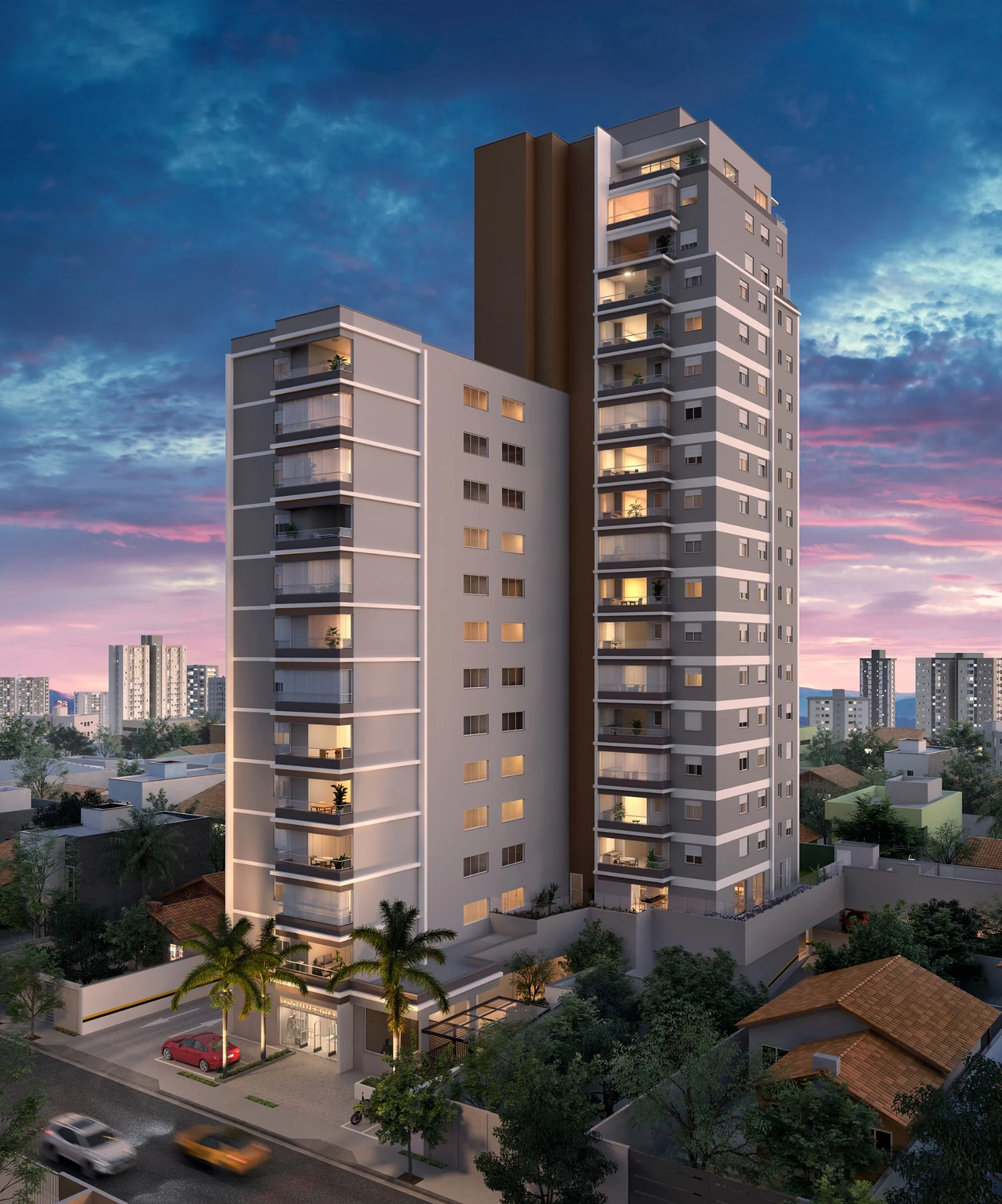 Perspectiva da torre Majestade Residencial em contexto urbano