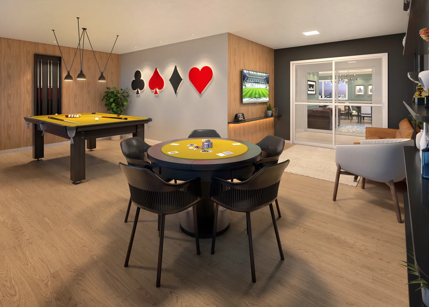 Salão de jogos com mesa de bilhar