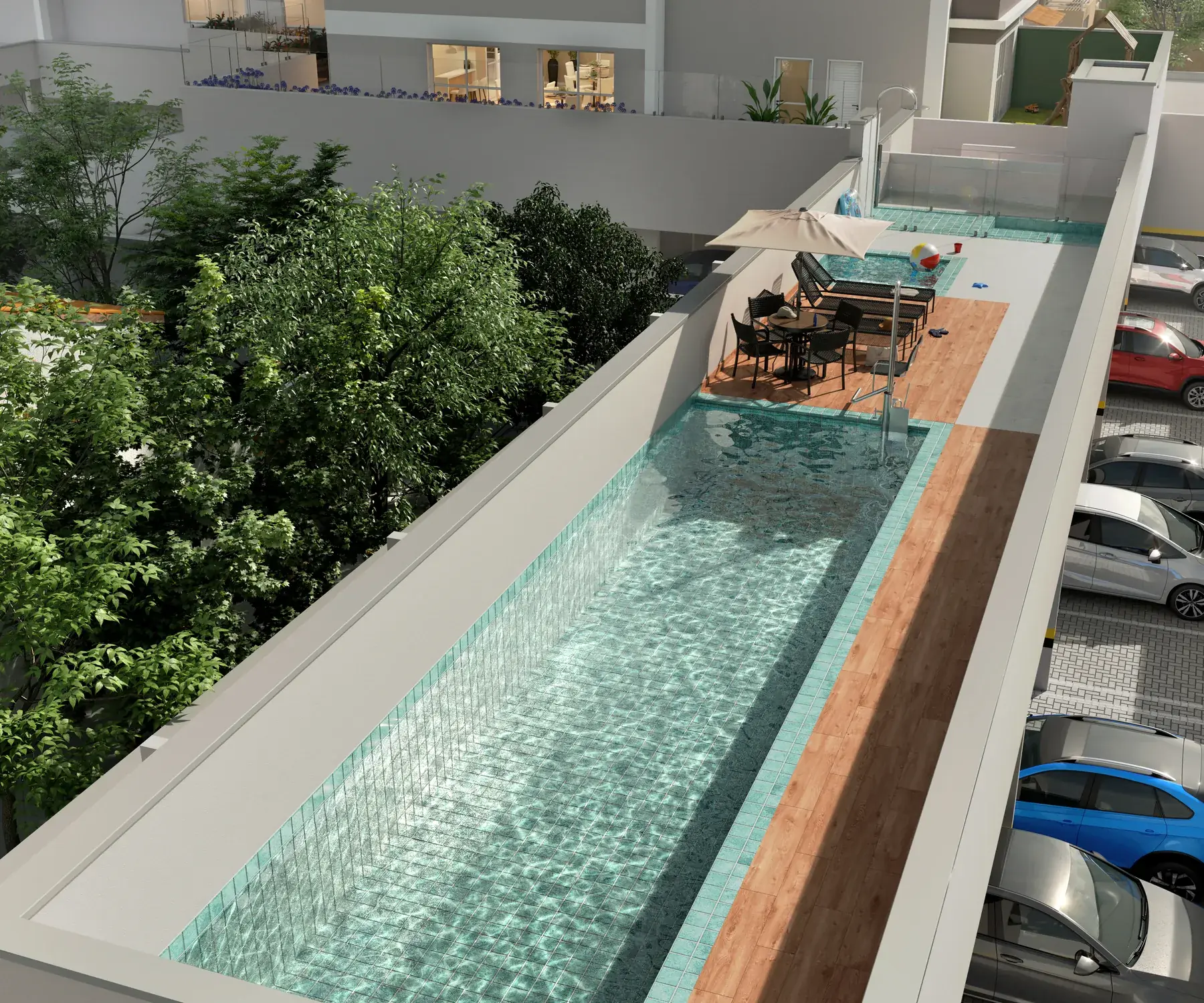 Piscina adulto com deck no primeiro andar