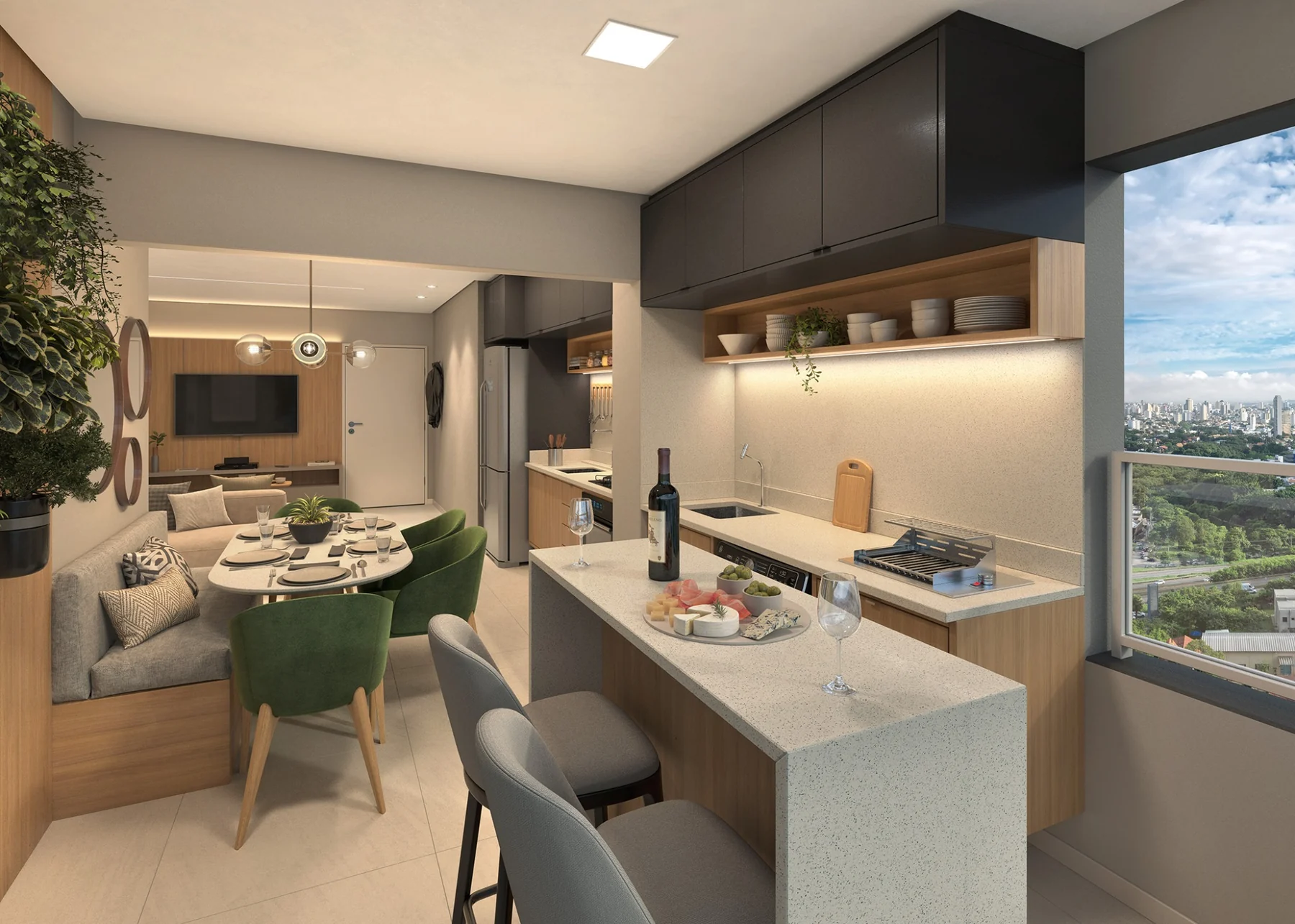 Varanda gourmet integrada à cozinha e ao living